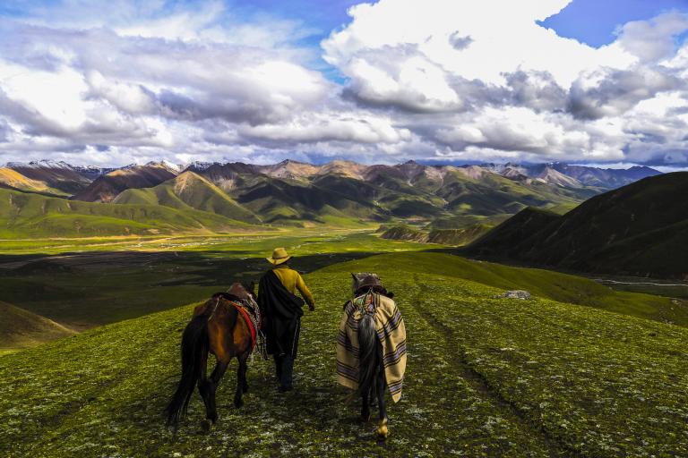A person with two horses walks along a grassy hill overlooking mountains and a vast valley under a cloudy sky.