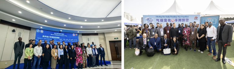 Two group photos showing diverse people posing in formal attire. The first is indoors with a blue backdrop; the second is outdoors with a white tent and blue banner.