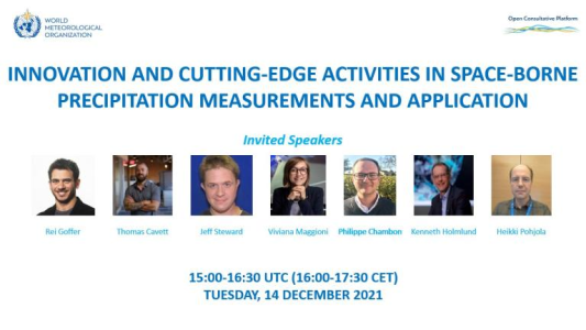 Webinar announcement for “Innovation and Cutting-Edge Activities in Space-Borne Precipitation Measurements,” listing 7 invited speakers and event details for December 14, 2021.