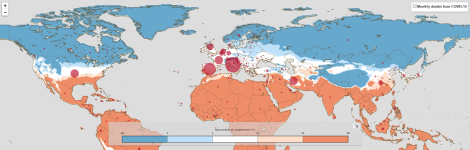 A world map shows COVID-19 deaths by region. Blue areas indicate fewer deaths, while red areas indicate more, with various red circle sizes representing death rates across continents.