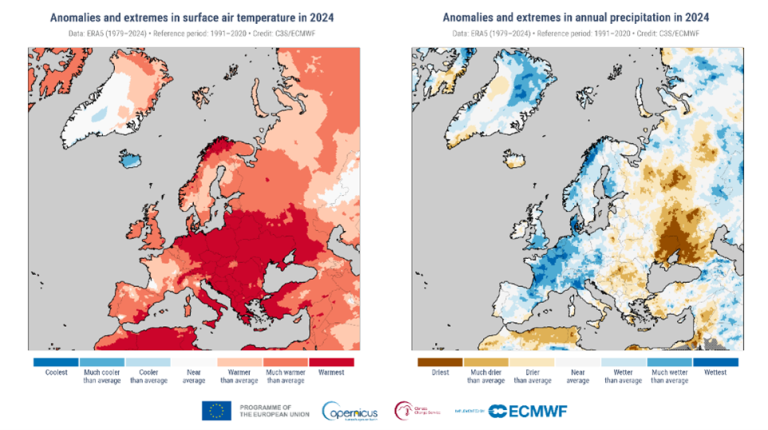 Maps showing 2024 surface air temperature and annual precipitation anomalies in Europe. Left map: warmer than average in red. Right map: drier in brown, wetter in blue.