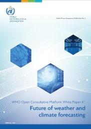 Cover of WMO white paper titled "Future of Weather and Climate Forecasting" with abstract graphics and the WMO logo.