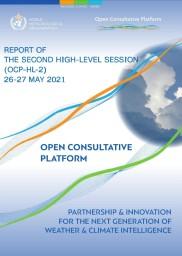 Cover of the "Open Consultative Platform" report from May 2021, featuring colorful curved lines and text about weather and climate intelligence.
