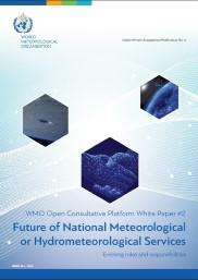Cover of a WMO white paper titled "Future of National Meteorological or Hydrometeorological Services," featuring hexagonal images of weather phenomena.