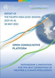 Cover of a report titled "Report of the Fourth High-Level Session (OCP-HL-4) 26 May 2023," featuring a globe, colorful lines, and clouds. Text highlights partnership and innovation in weather and climate.