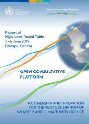 Cover of a report titled "Open Consultative Platform," featuring a globe image with colorful lines, dated 5–6 June 2019, Palexpo, Geneva, on weather and climate intelligence.