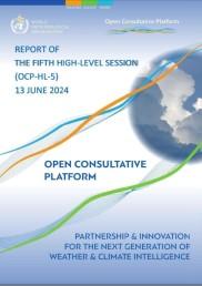 Blue report cover titled "Open Consultative Platform," featuring cloud imagery and the date 13 June 2024. Includes text on partnership for weather and climate intelligence.