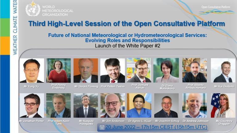 Collage of 15 individuals' headshots in a conference presentation slide for the Third High-Level Session of the Open Consultative Platform, dated 20 June 2022.