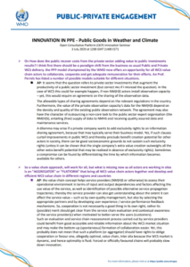 A WHO document discusses public-private engagement in weather and climate, highlighting innovation, public goods, and key points in bullet format with logos and colored text accents.