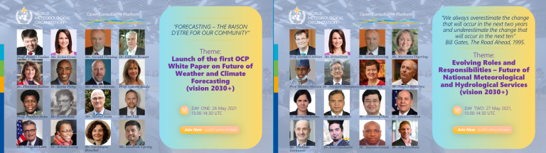 A promotional banner for the Open Consultative Platform, showcasing two sessions with multiple speakers, focused on future weather, climate forecasting, and hydrological services for 2030 and beyond.
