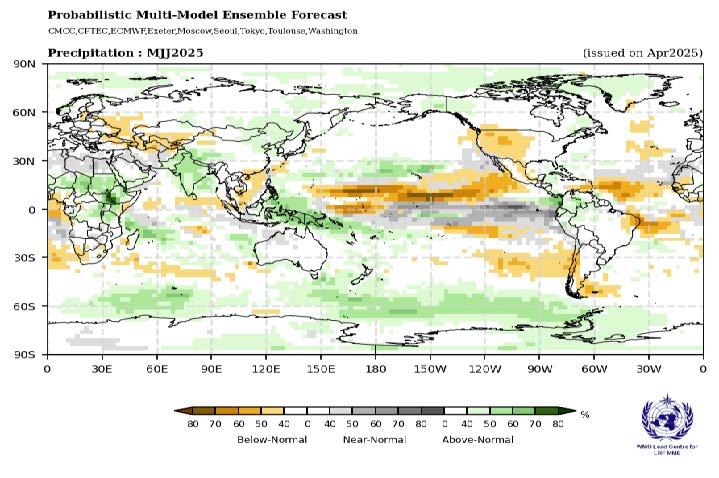 World map showing probabilistic forecast of above-, below-, and near-normal precipitation for May-June-July 2025, with color-coded regions in green, yellow, and gray.