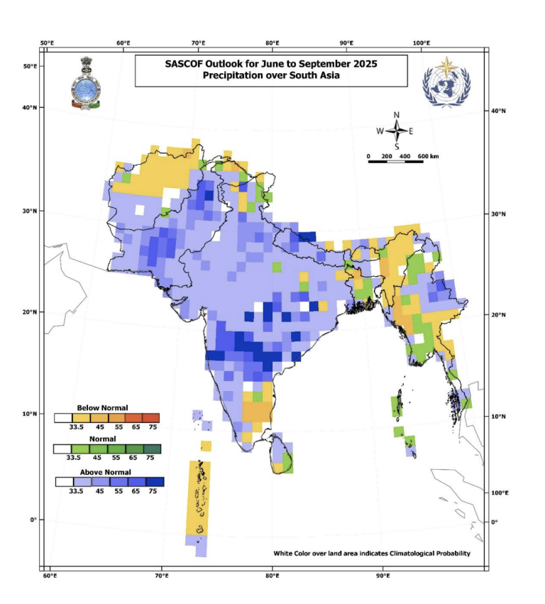 Map showing precipitation outlook over South Asia for June to September 2025, with regions marked as below normal, normal, and above normal rainfall probability.