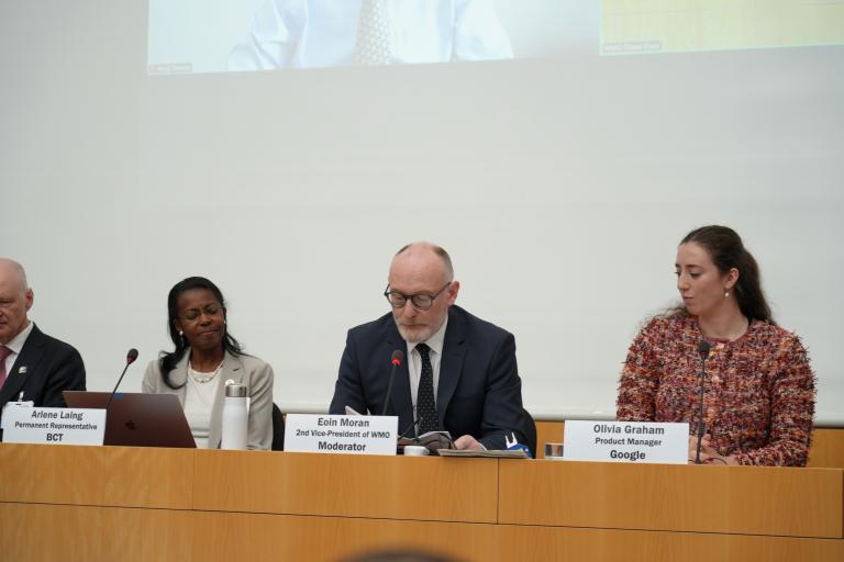 Four panelists sit at a conference table with nameplates, microphones, and documents in front of them; one man speaks while others listen attentively.