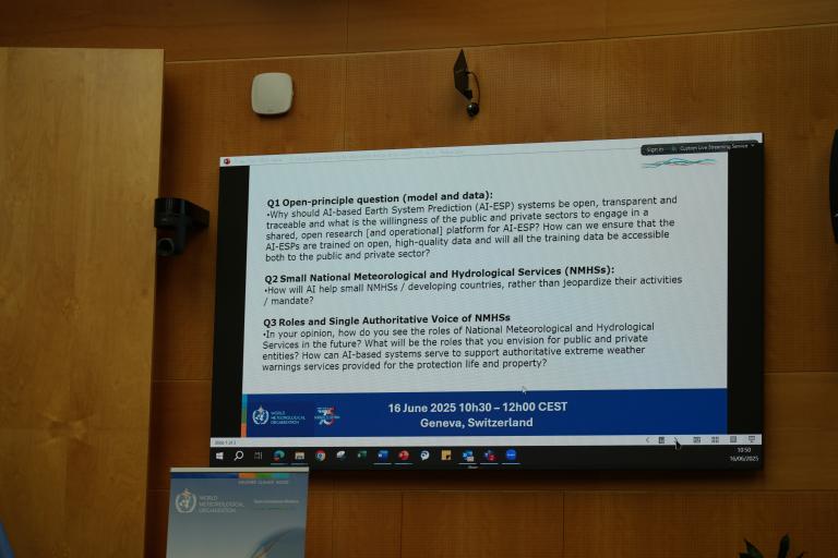 A presentation slide displays questions about the future of Earth System Prediction (ESP) systems, national meteorological services, and weather warnings; taken at a conference in Geneva on June 16, 2025.
