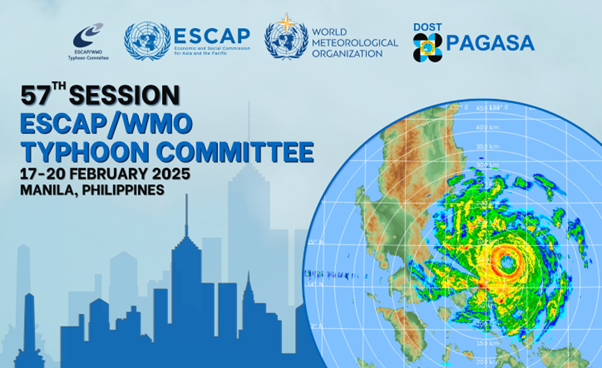 Poster for the 57th Session ESCAP/WMO Typhoon Committee, 17-20 February 2025, Manila, Philippines, featuring weather logos, a city skyline, and a typhoon radar image over the Philippines.