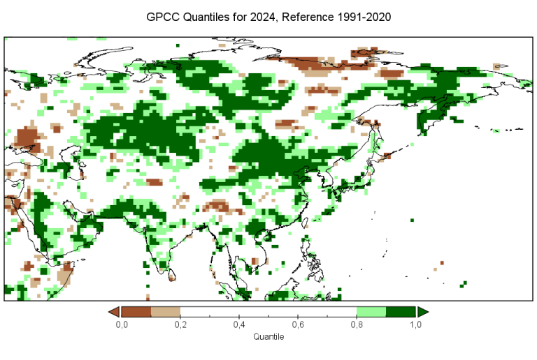 Map of Asia showing GPCC precipitation quantiles for 2024 versus 1991-2020; green indicates wetter areas and brown indicates drier areas, with a quantile scale from 0 to 1 at the bottom.