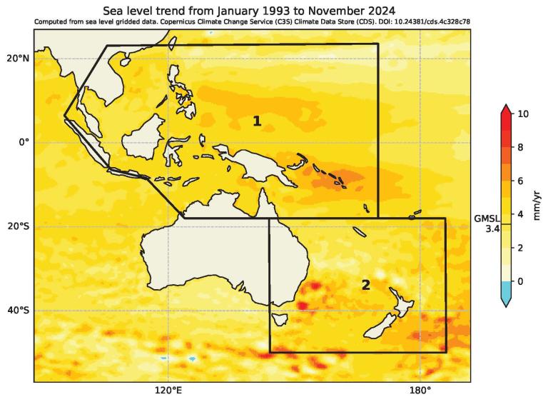 Map showing sea level trends in the western Pacific and Australia region from January 1993 to November 2024, with color scale indicating changes in mm/year.