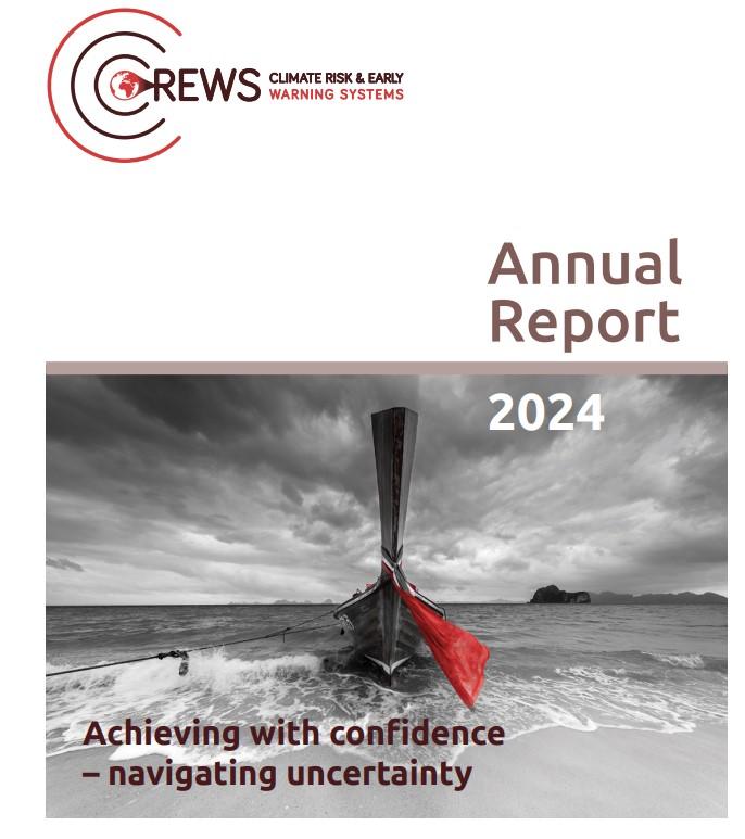 Cover of the CREWS 2024 Annual Report featuring a traditional boat on a stormy beach, with the text "Achieving with confidence – navigating uncertainty.