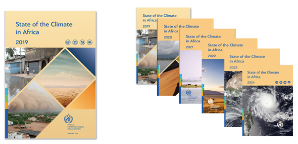 Covers of the "State of the Climate in Africa" reports from 2019 to 2024 are displayed, each featuring different climate-related imagery and the WMO logo.