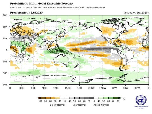 Global map showing forecasted precipitation anomalies for July-August-September 2025, with regions marked as below-normal, above-normal, or near-normal rainfall.