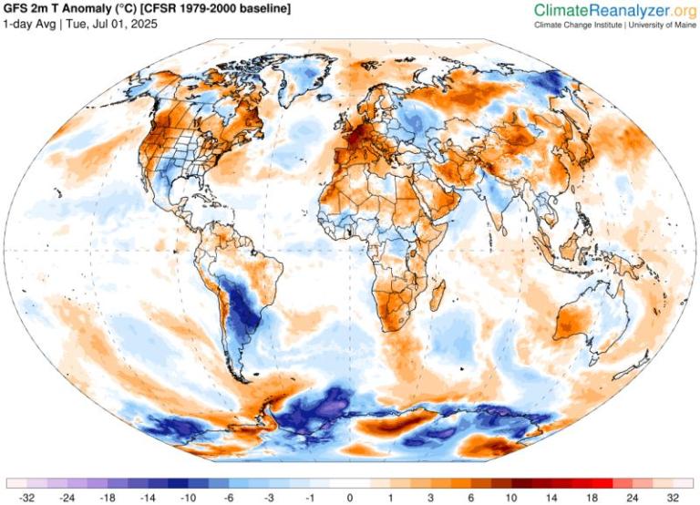 Global map showing 2-meter temperature anomalies for July 1, 2025, with most land areas in orange and red indicating above-average temperatures compared to the 1979-2000 baseline.