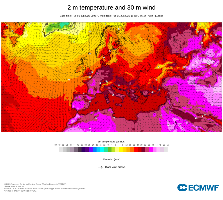 Map of Europe showing 2-meter temperatures in color gradients and 30-meter wind vectors for July 31, 2025, with a forecast of widespread high temperatures, especially in southern Europe.