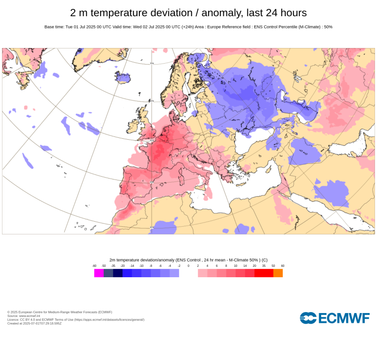 Map of Europe shows 2-meter temperature deviation over the past 24 hours, with warmer anomalies in the west and cooler anomalies in the east.