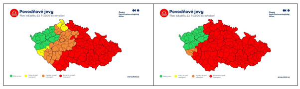 Two maps of the Czech Republic showing flood warnings by region. The left map has red, orange, yellow, and green areas; the right map shows almost all regions in red.