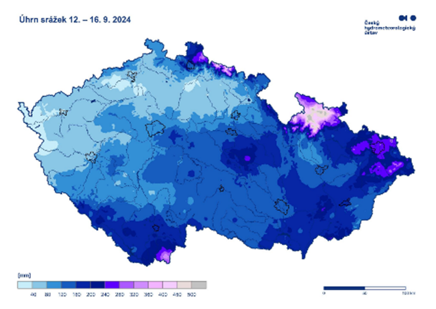 Map of the Czech Republic showing precipitation levels from September 12 to 16, 2024, with higher rainfall in northern and eastern regions indicated by lighter colors.