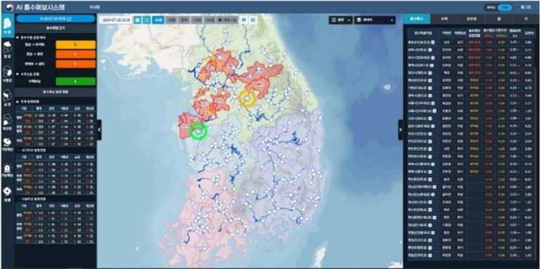 A digital dashboard displays a map of South Korea with colored regions, data panels, and real-time status indicators for various locations and metrics.