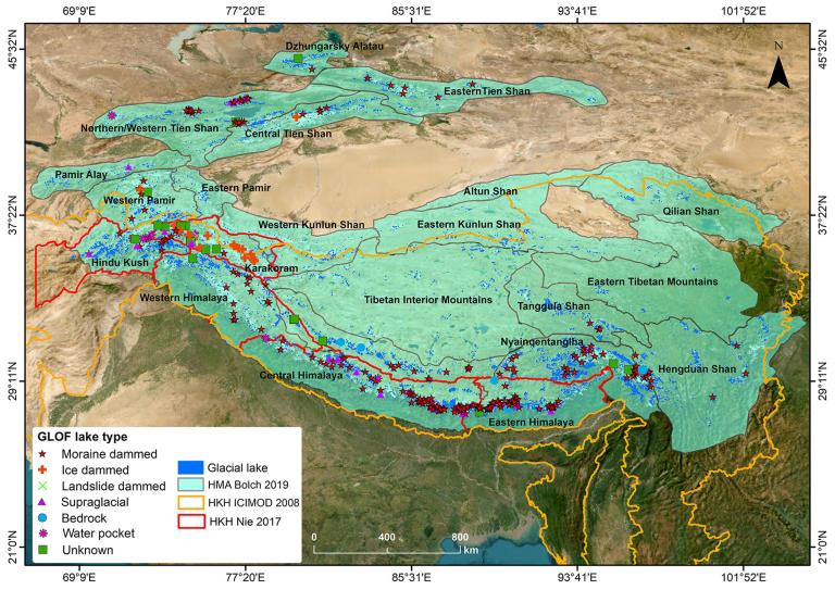 Map showing the distribution and types of glacial lakes and GLOF events across the Himalaya, Hindu Kush, and surrounding regions, with labeled mountain ranges and lake classifications.