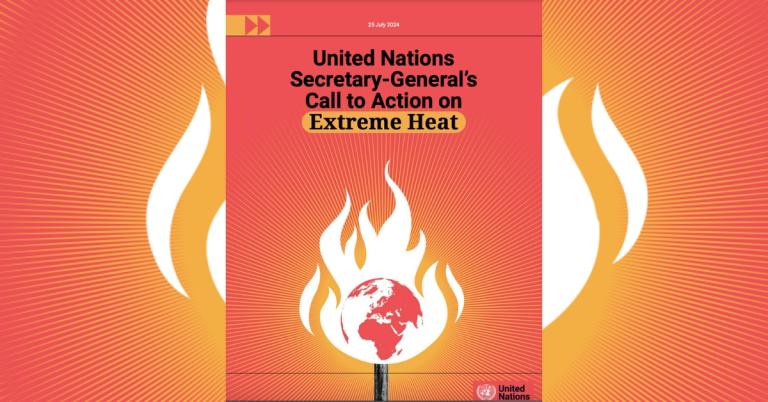 Cover image with a flaming matchstick topped by a globe, promoting the United Nations Secretary-General’s call to action on extreme heat.