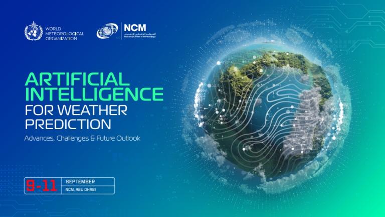 Event banner with Earth, digital patterns, and text: "Artificial Intelligence for Weather Prediction. Advances, Challenges & Future Outlook. September 9-11, NCM, Abu Dhabi.