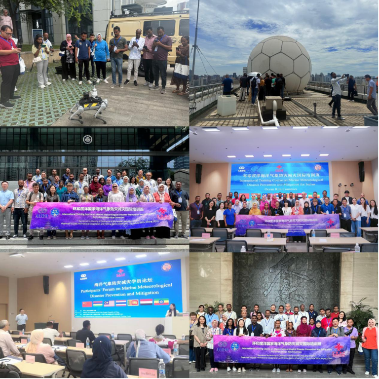 A collage of five photos shows groups of people attending indoor and outdoor events, training sessions, and holding a large purple event banner.
