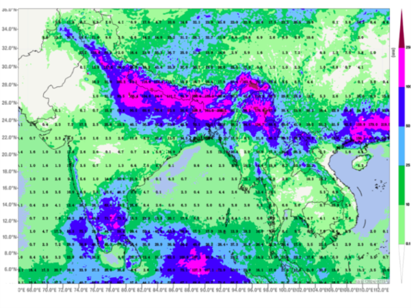 Map showing rainfall distribution across South Asia, with higher rainfall indicated in pink and purple areas, and lower rainfall in green and blue, with a color scale on the right.