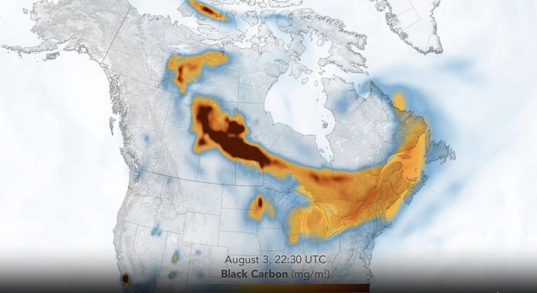 Map of North America on August 3 shows concentrations of black carbon, with dark brown areas indicating higher levels across central Canada and the northeastern United States.
