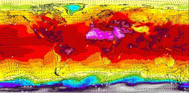 World map showing global temperature distribution with color gradients; warmer areas in red and purple, cooler regions in blue; overlayed with wind direction arrows.