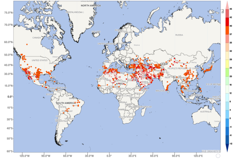 World map showing locations of data points marked with red to blue dots, indicating varying intensities according to the color scale on the right.