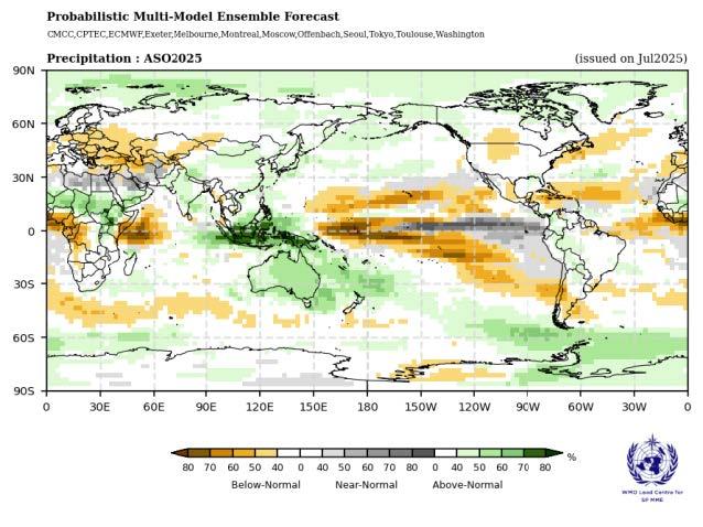 World map showing probabilistic forecast for precipitation in August-September-October 2025, with areas colored for below, near, or above normal rainfall.