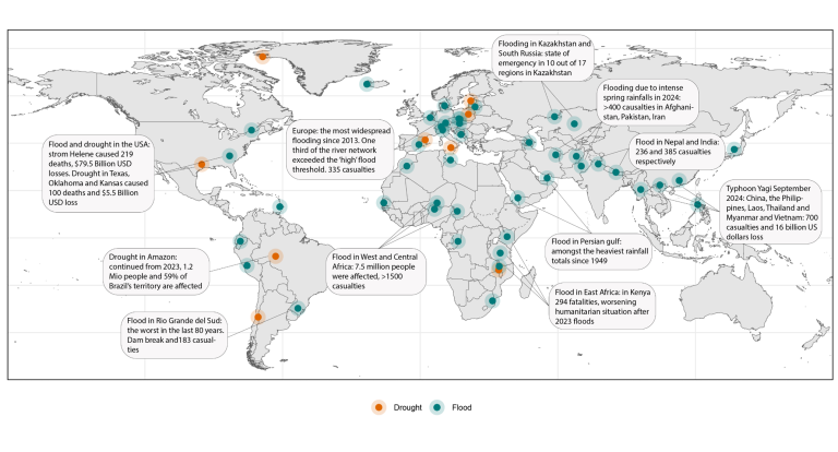 World map showing locations of major drought and flood events from 2010–2022, with brief descriptions and casualty or damage figures highlighted for each event.