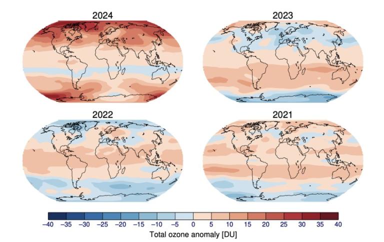 Four world maps show total ozone anomaly data for 2021-2024, with red indicating higher and blue lower ozone levels; 2024 shows more pronounced red over the Northern Hemisphere.