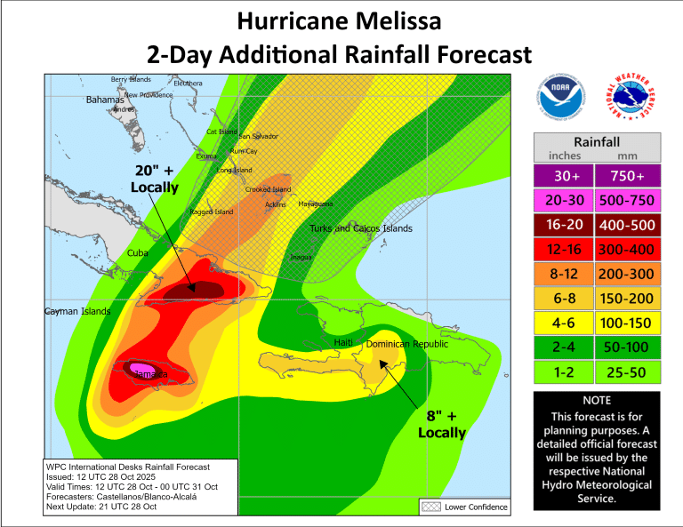 Map showing the 2-day additional rainfall forecast for Hurricane Melissa, with expected rainfall amounts ranging from 2 to over 20 inches across parts of the Caribbean and Gulf of Mexico regions.