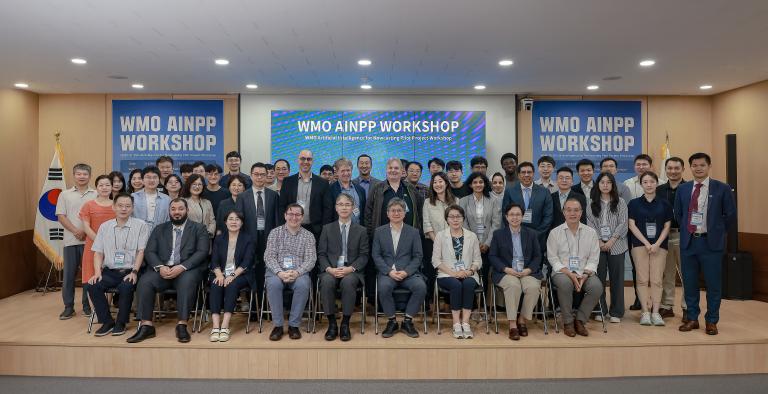 A large group of people pose for a photo at the WMO AINPP Workshop in a conference room, with banners and a presentation screen in the background.