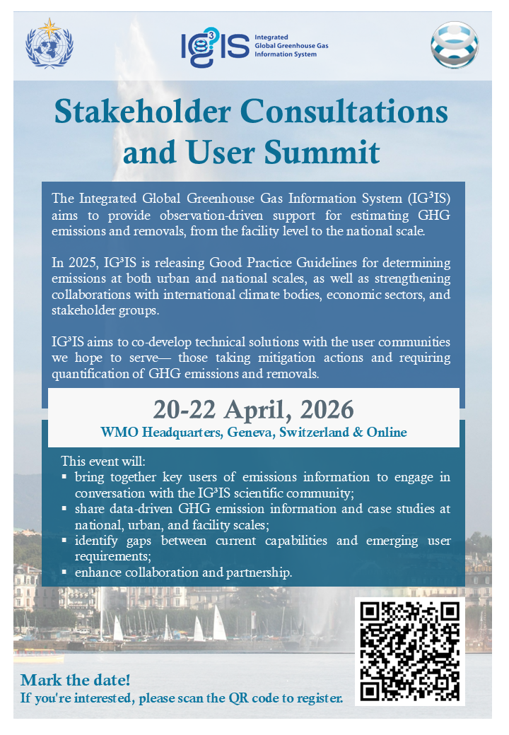 A digital poster announces the IG³IS Stakeholder Consultations and User Summit, held 20-22 April, 2026, in Geneva, with event details, summary, and a QR code for registration.