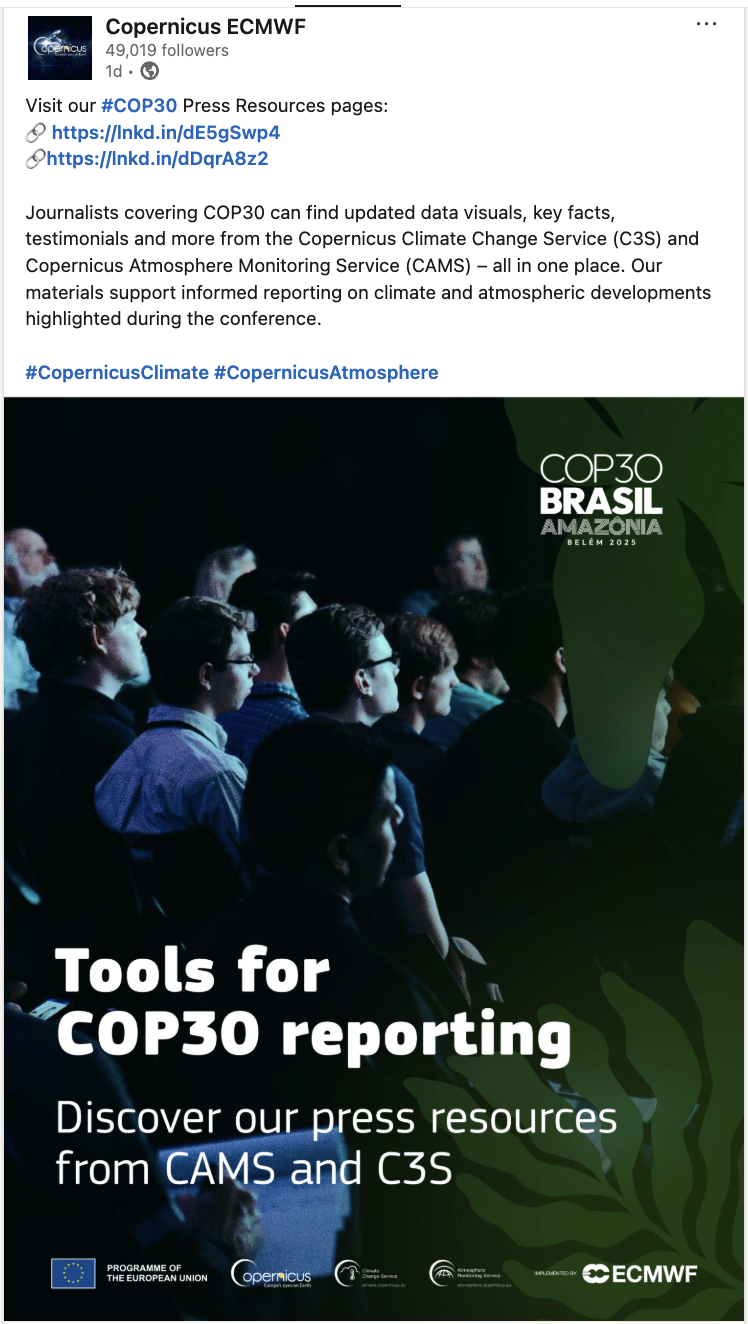 Promotional graphic for COP30 reporting tools, featuring text about press resources from CAMS and C3S, with COP30 event branding and logos for ECMWF, CAMS, and C3S.