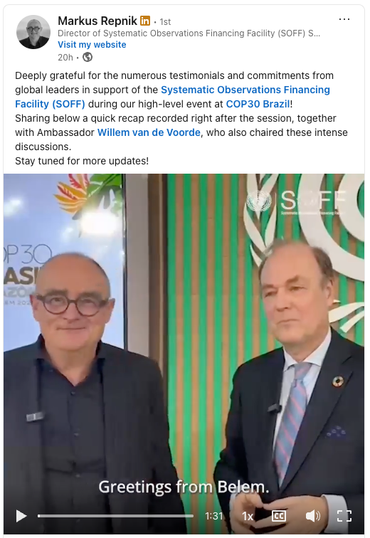 Two men in suits stand side by side, smiling at the camera with a banner behind them reading "COP30." Captions on screen say, "Greetings from Belem.