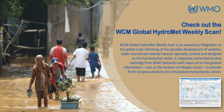 People wade through a flooded street carrying belongings; the image promotes the WCM Global HydroMet Weekly Scan by WMO, highlighting weather and water-related humanitarian updates.
