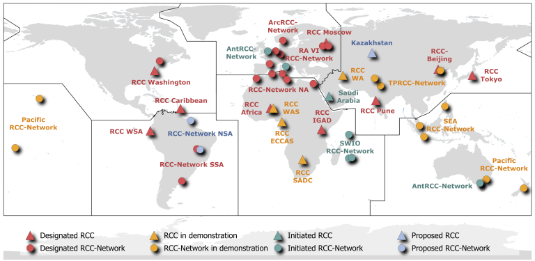 World map showing locations and statuses of Regional Climate Centres (RCCs), using colored symbols to indicate designated, demonstration, initiated, and proposed networks.