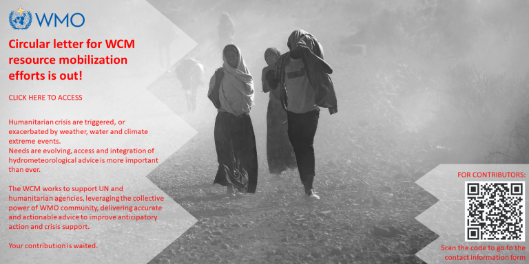 Two people walk through a dusty environment while wearing head coverings; overlay text discusses WCM resource mobilization and humanitarian crisis support.