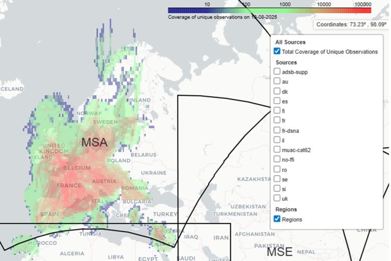 A map of Europe shows total coverage of unique observations, with colored regions and a legend. A panel lists data sources and a checkbox for regions. Coordinates are shown at the top.